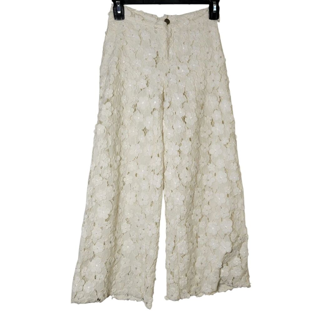 MET Jeans Italy Girls 16 Cream 3D Floral Lace Wide Leg Palazzo Pants Coquette
